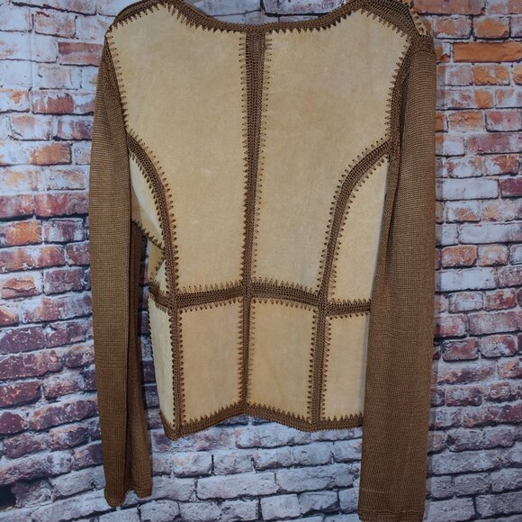 Carducci Sz Medi Leather Suede Jacket Crochet Patchwork Button Tan Boho Cowgirl - Picture 11 of 12